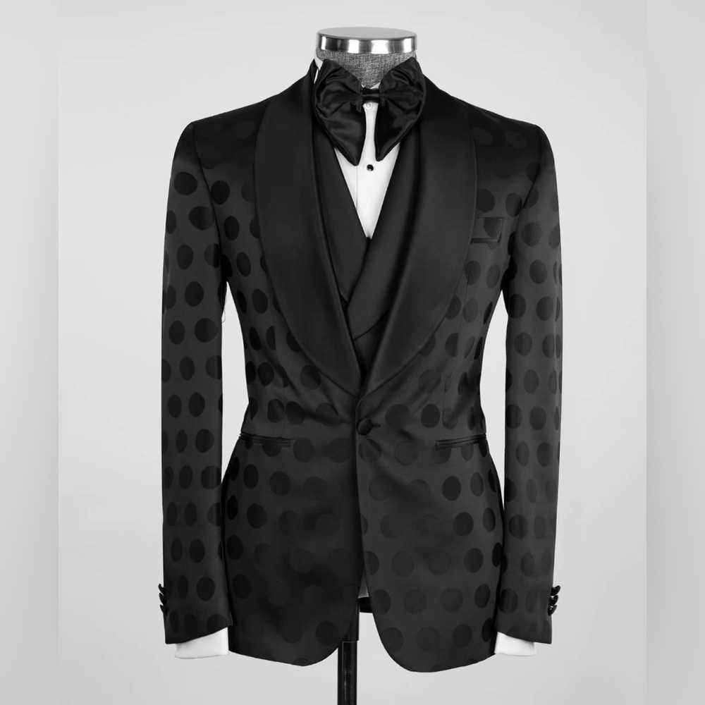 Black Polka Dot Satin Peak Lapel Tuxedo Jacket